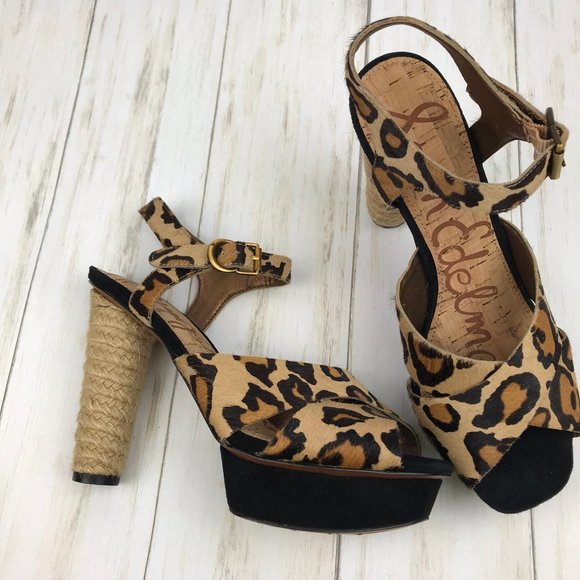 Sam Edelman Animal Print Leopard Print Leather Calf Fur Platform Heels Size 6.5 - Picture 2 of 16